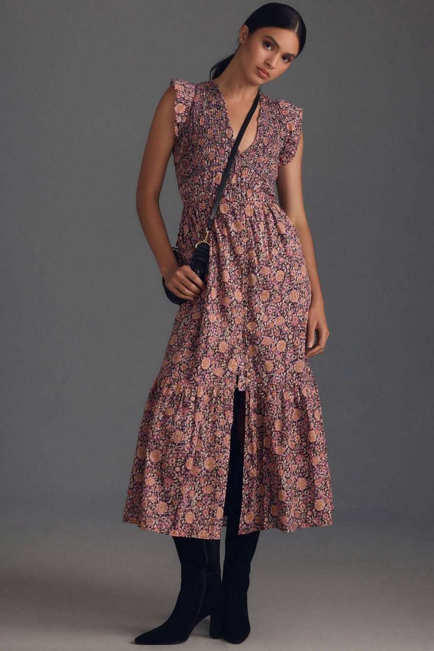 Anthropologie The Peregrine Floral Smocked Midi Dress Size XS